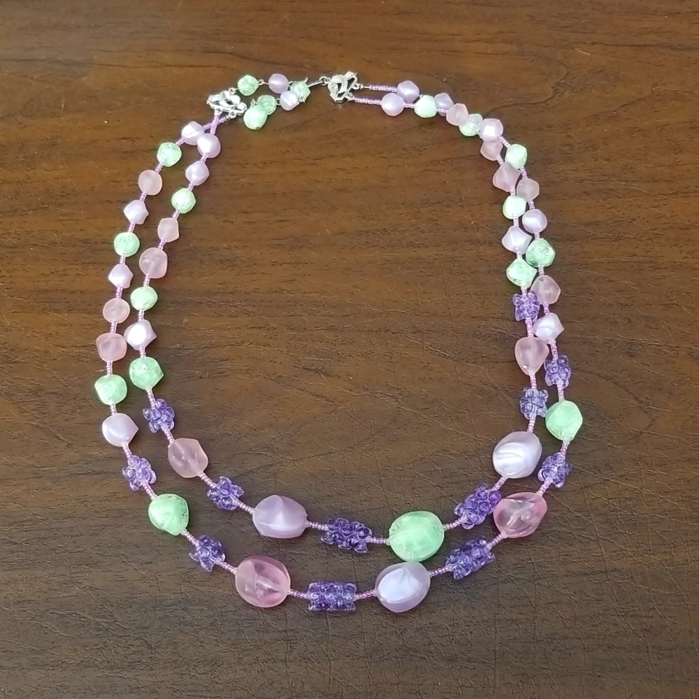 Vintage Coro Beaded Pink, Purple, Green Pastel Double Stranded Necklace